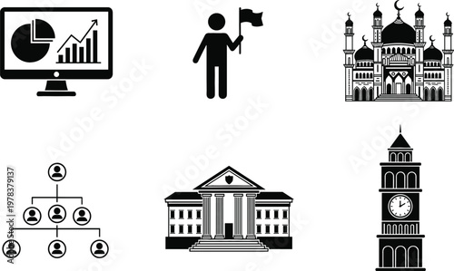 Business Analytics, Leadership, Network Structure and Landmark Architecture Icon Set Featuring Data Chart, Flag Leader, Organizational Hierarchy, Mosque, Court Building and Clock Tower