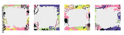 Abstract urban graffiti border set. Square frames with spray paint stickers, street art design elements, inky drips, splashes. Vector set of hand drawn hip hop covers, posters with transparent layouts