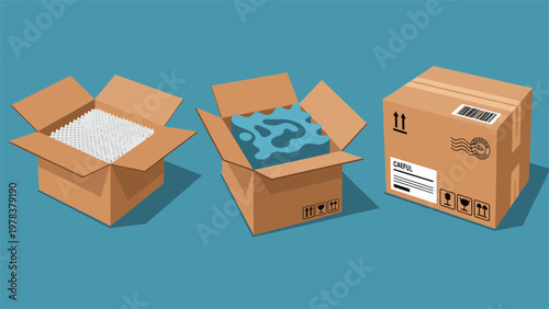 Three cardboard boxes are shown in different stages from being packed with protective material to sealed for shipping.
