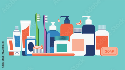 Collection of various colorful toiletry and cosmetic containers is arranged together on a solid turquoise background.
