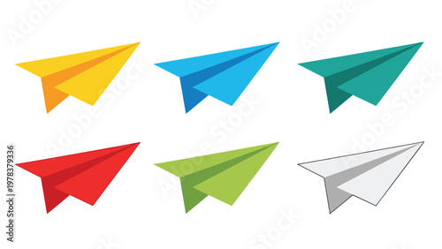Variety of six colorful paper planes in shades of yellow, blue, green, and red arranged on a clean white background for creative projects.
