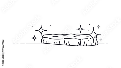 Minimalist black and white line art illustration of a cooked steak portion surrounded by twinkling stars on a plain background for dining.