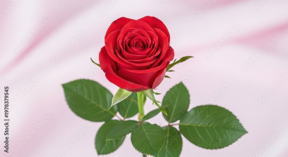 Fototapeta premium Single vibrant red rose bud with glossy green leaves on soft pink background flower bloom