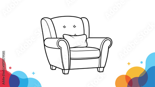 Elegant line art drawing of a comfortable upholstered armchair with a cushion and colorful abstract corner accents for interior design.