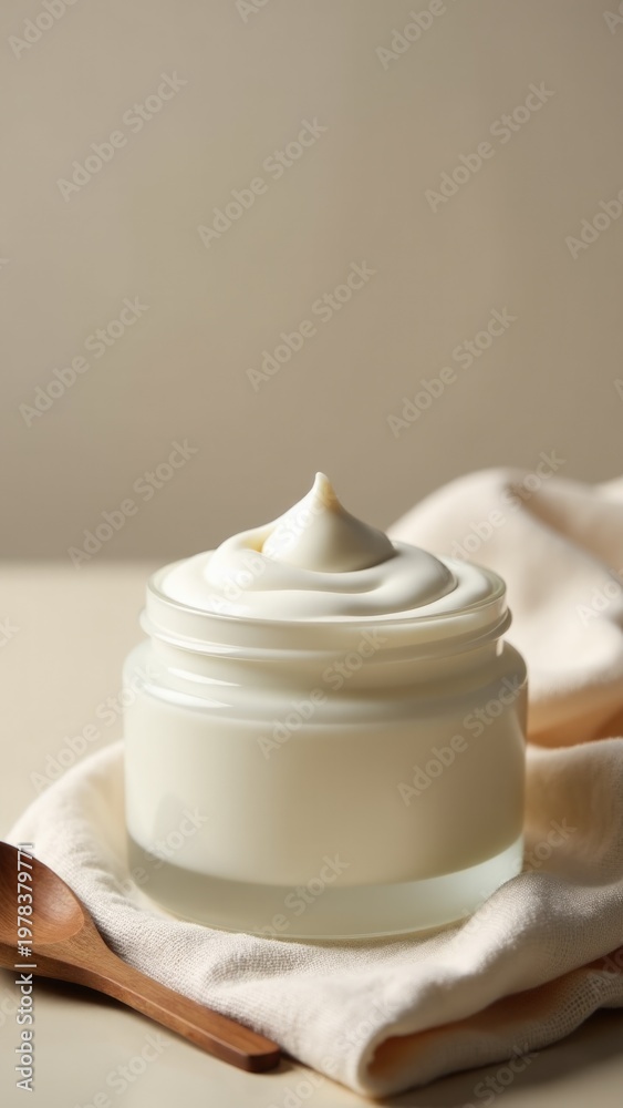 Obraz premium A jar of cream sits atop a wooden spoon, ready for use in cooking or baking