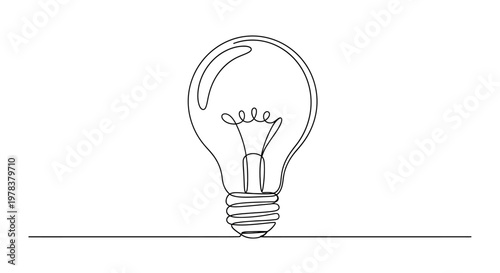 Single Line Drawing of a Light Bulb on a White Background, Symbolizing Ideas and Innovation