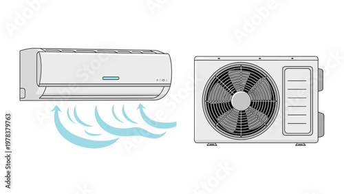 Technical illustration of a split system air conditioner including the indoor unit and outdoor compressor unit for cooling systems.
