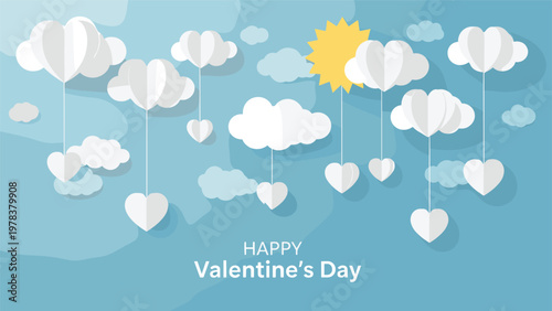 Romantic Valentine's Day background with heart shaped clouds floating in a blue sky next to a bright yellow sun for love greetings.