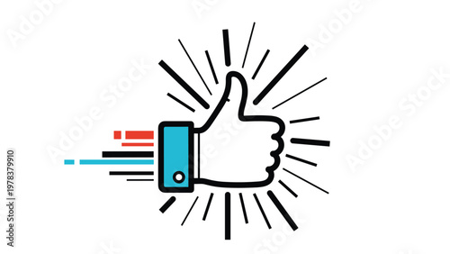 Dynamic icon of a blue gloved hand giving a thumbs up with motion lines and sparkles signifying high speed approval and great results.