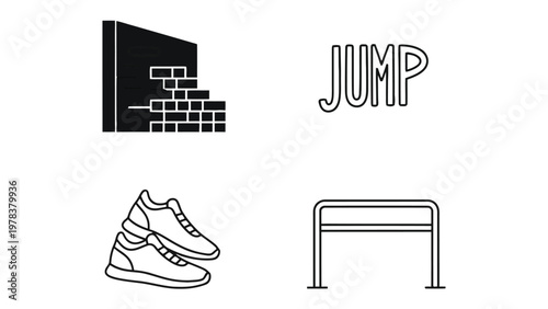 Parkour Icons Set: This graphic features a stylish and minimal icons related to parkour, showcasing various elements, including a wall, the word jump, footwear, and a bar.