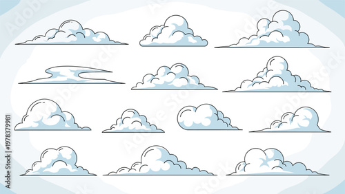 Large collection of diverse cloud shapes in a clean vector style suitable for many different weather designs on a light background.