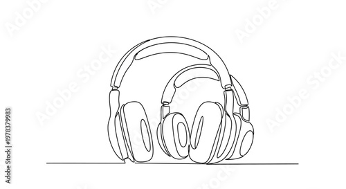 Minimalist single line drawing of modern headphones, audio equipment, music listening symbol