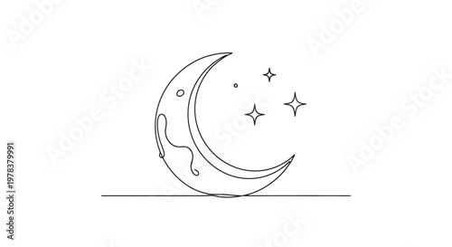 Crescent Moon and Stars Line Art - Minimalist Celestial Night Sky Illustration