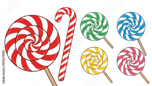 Assortment of sweet treats featuring various colorful swirl lollipops and a classic red and white candy cane on a plain white background.
