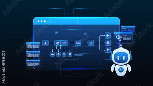 AI workflow automation artificial intelligence. ai agent network diagram dashboard system processing flow with automation pipelines, analytics dashboards, code modules and automation system.