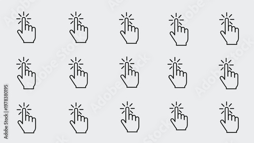 Repeating pattern of fifteen hand cursor icons in a clicking state arranged in three rows on a light gray background for web design.
