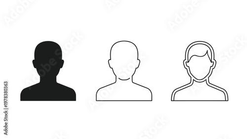 Three different human profile avatar icons showing various styles from solid black silhouette to detailed outline of a young man.