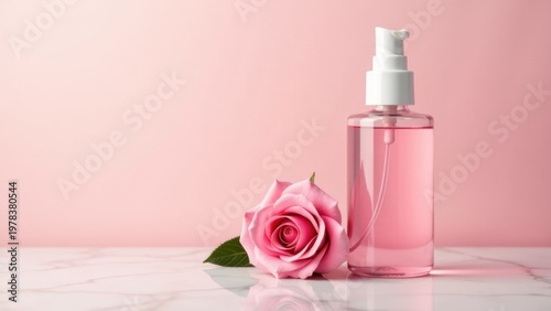 Wallpaper Mural A bottle of pink liquid sits next to a pink rose on a marble surface Torontodigital.ca