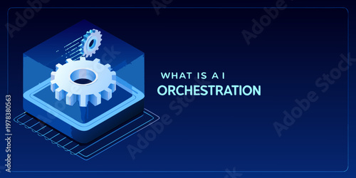 Isometric illustration depicts ai orchestration with gears and digital elements