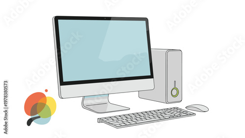 Modern desktop computer setup with a thin monitor, tower unit, keyboard and mouse on a white background with a colorful abstract logo.