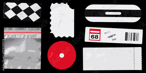 Assorted torn paper shapes and elements on a black background