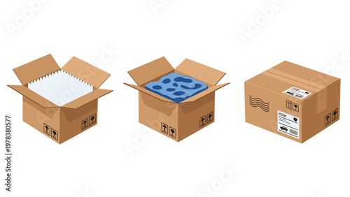 Three isometric cardboard boxes for shipping including an open box with packing peanuts and a blue liquid bag inside for transport.