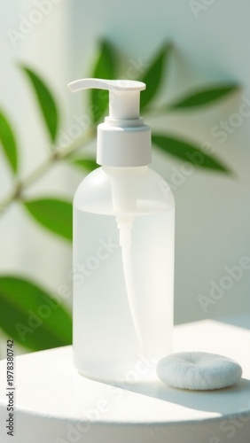 A bottle of liquid sits on top of a table, ready for use