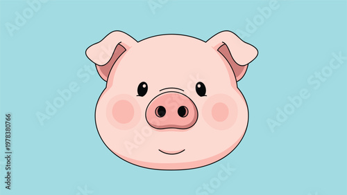Cute illustration of a pink pig face with rosy cheeks and a friendly expression centered on a calm light blue background for kids.