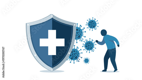 Human silhouette protected by a medical shield with a white cross from blue coronavirus particles symbolizing immunity and health safety.