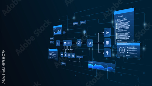 AI workflow automation artificial intelligence. ai agent network diagram connecting node input, processing flow, cloud, data analytics panel, and automation system.