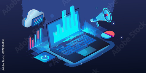 Digital marketing analytics displayed on a laptop with related icons