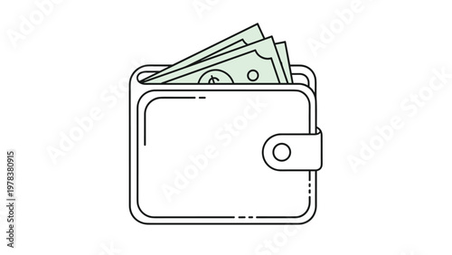 Close up illustration of a white leather wallet containing several green paper money bills representing savings and personal finance.