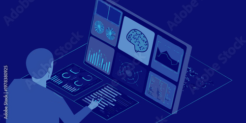 A person interacts with a futuristic interface displaying data visualizations