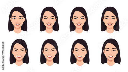 Grid of eight identical portraits of a professional woman with long dark hair and a confident smile on a plain white background.