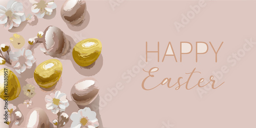 A festive easter composition with painted eggs and delicate cherry blossoms