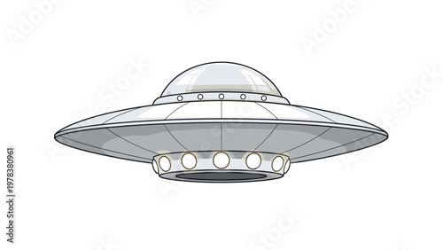 Silver metallic unidentified flying object or flying saucer with a transparent glass dome and glowing lights on the bottom rim.