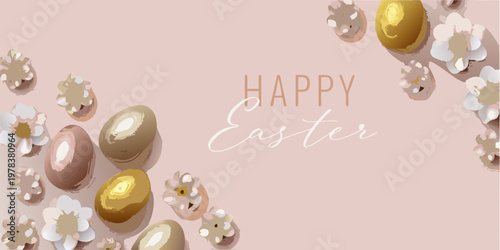 A festive easter background with painted eggs and delicate floral accents