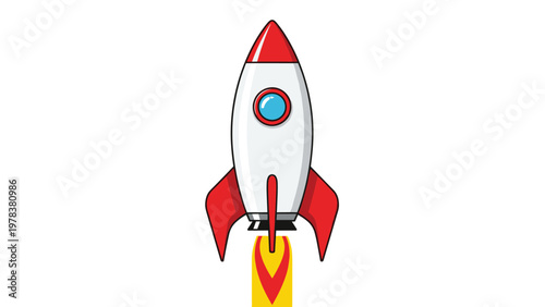 Cartoon illustration of a white space rocket with red fins and a blue window launching upwards with a yellow and orange flame.
