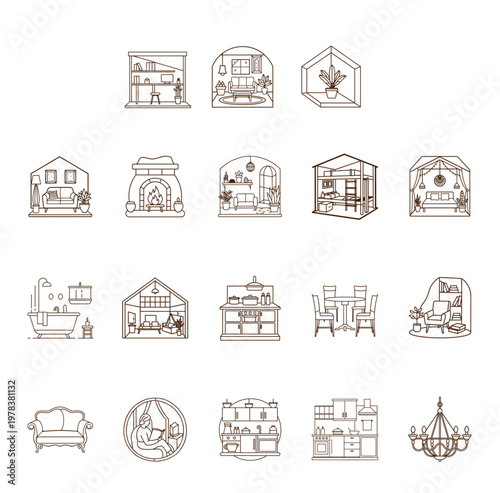 Home Interior Set: An assortment of line art illustrations showcases a variety of home interior scenes, from living rooms and kitchens to bathrooms and bedrooms.