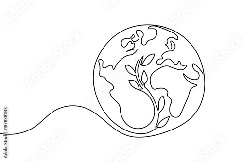 Earth with plant continuous one line drawing minimalist vector illustration