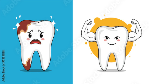 Split illustration of a sad tooth with decay and a strong healthy white tooth showing muscles to represent dental care benefits.