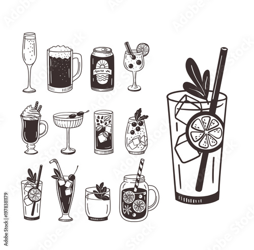Drinks Assortment Illustration: An array of refreshing drinks, showcasing the artistry of mixology. Explore this collection of cocktails, a visual treat for bar menus and beverage design.