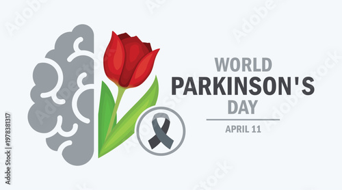 World Parkinson's Day banner with red tulip vector illustration. Red tulip flower, grey awareness ribbon and brain icon vector. Template for background, poster, card. April 11 every year