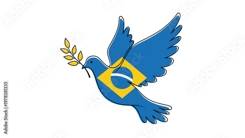 Blue dove of peace carrying an olive branch in its beak with the Brazilian flag printed on its wings for national unity.