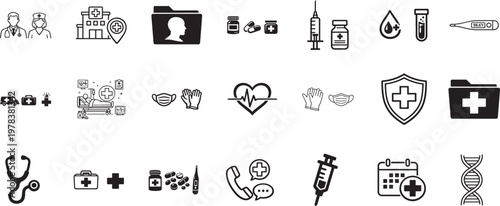 Medical healthcare line icon set with hospital tools symbols thin editable stroke vector pack kit.