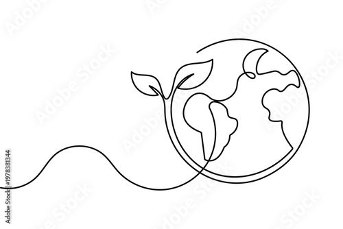 Earth with plant continuous one line drawing minimalist vector illustration
