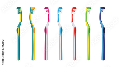 Seven colorful toothbrushes in a row with different handle colors and bristle styles for daily oral hygiene and dental care routines.