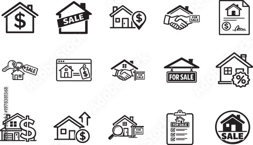 House for sale line icon set. Real estate property symbols with editable stroke vector design.
