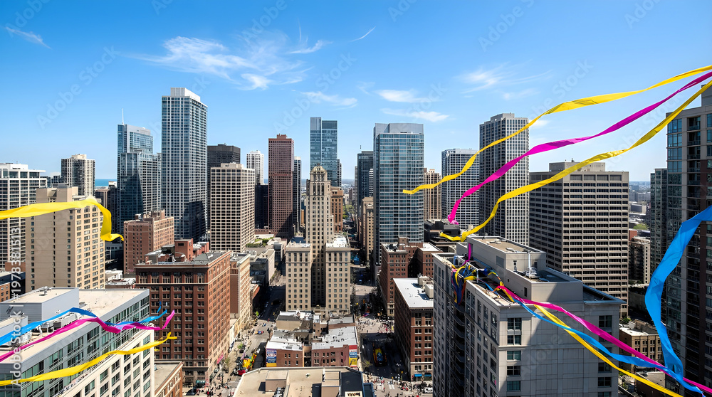 Obraz premium High Angle View of Colorful Streamers Flying Over a Dense City Skyline