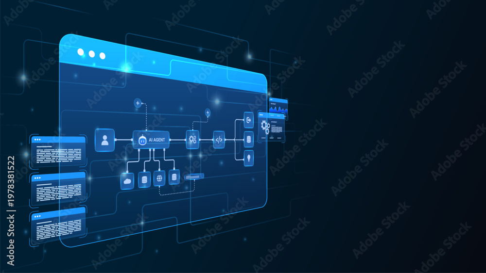Obraz premium AI workflow automation artificial intelligence. ai agent network diagram dashboard system processing flow with automation pipelines, analytics dashboards, code modules and automation system.